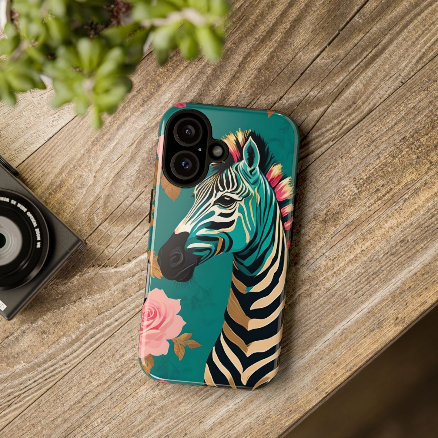 Phone Case - Elegant Teal & Gold Zebra & Roses Design