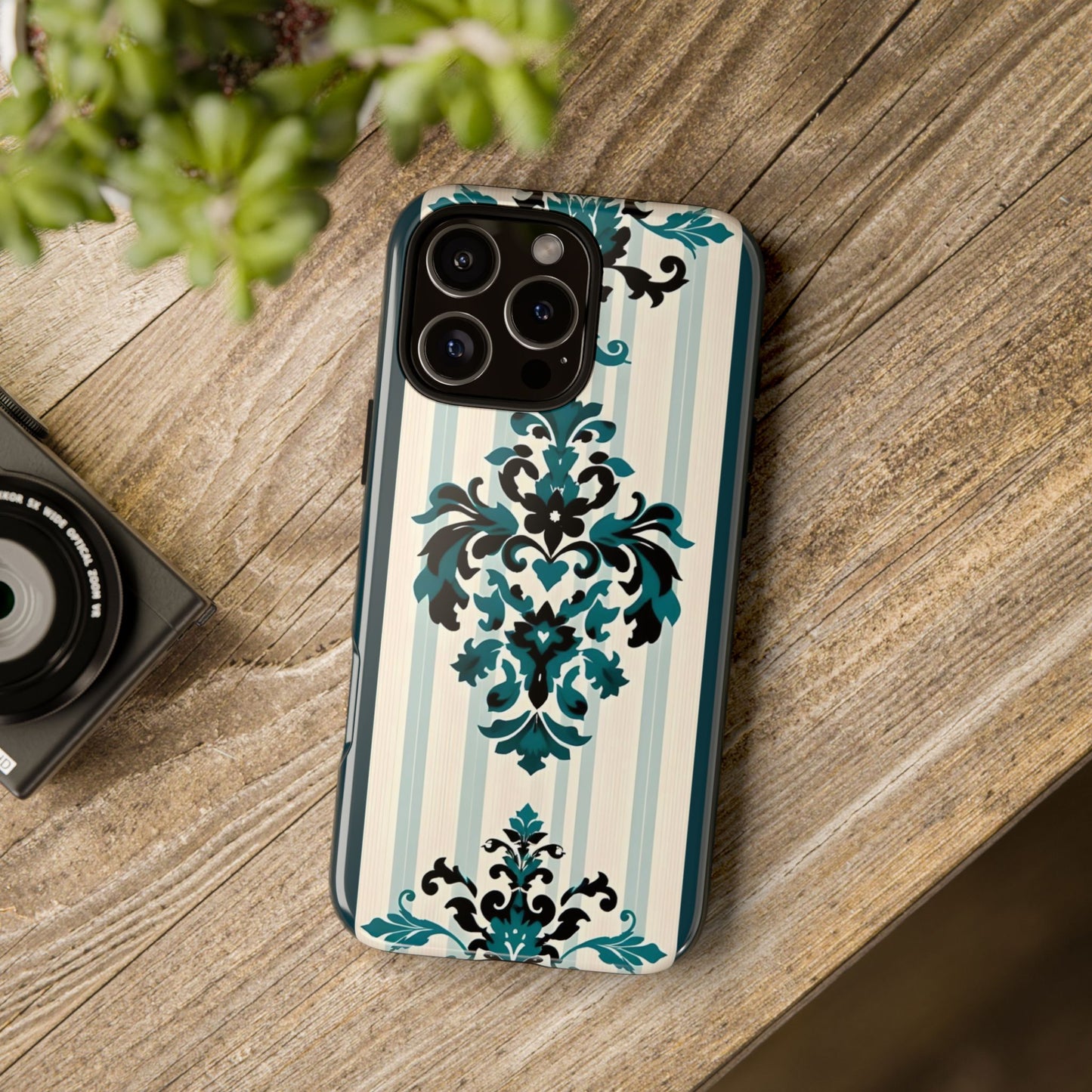Elegant Floral Phone Case - Tough Cases with Vintage Design - Teal Striped Damask