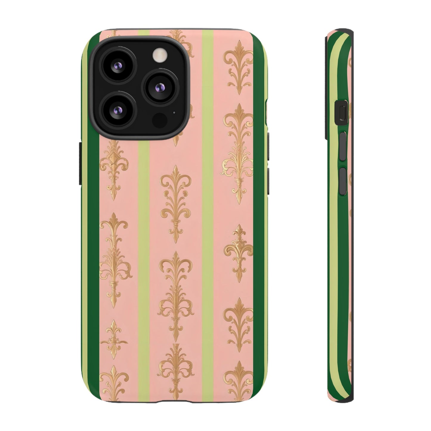 Elegant Floral Motif Phone Case - Tough Cases with Vintage Design - Lime Green & Pink Striped Damask