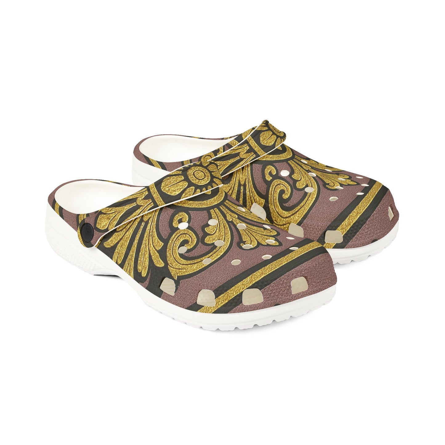 Gilded Mauve With Gold-Black Baroque Stylish EVA Foam Rubber Clogs, Comfortable Slip-On Shoes, Trendy Summer Clogs
