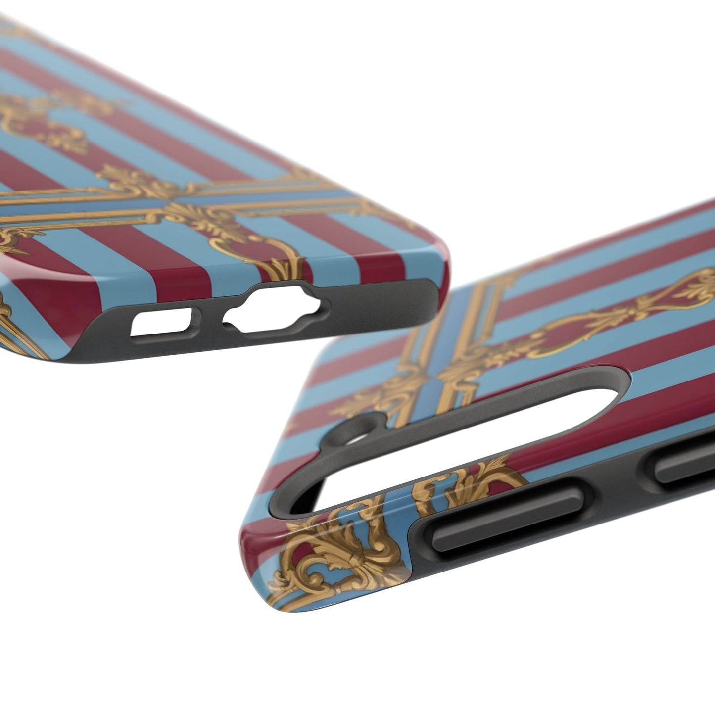 Elegant Patterned Tough Phone Cases, Stylish Phone Cover, Durable Phone Protection, Unique Gift Idea - Sky Blue & Maroon Striped Baroque