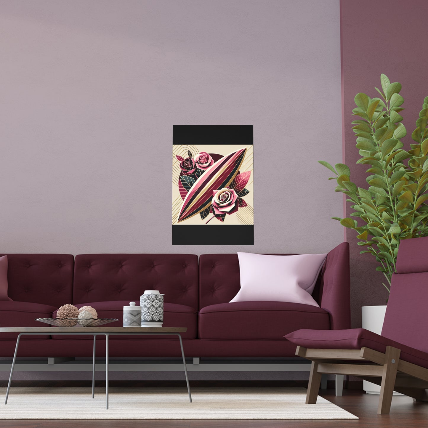 Elegant Floral Silk Poster - Indoor/Outdoor Wall Art for Home Decor - Pink & Burgundy Striped Surfboard & Roses