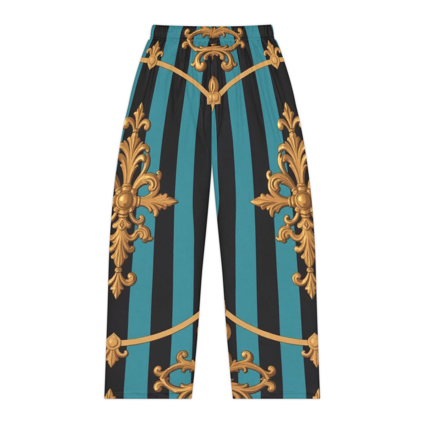 Elegant Turquoise & Black Striped Gold Baroque Women's Pajama Pants, Cozy Sleepwear, Stylish Loungewear, Perfect for Relaxing, Gift for Her