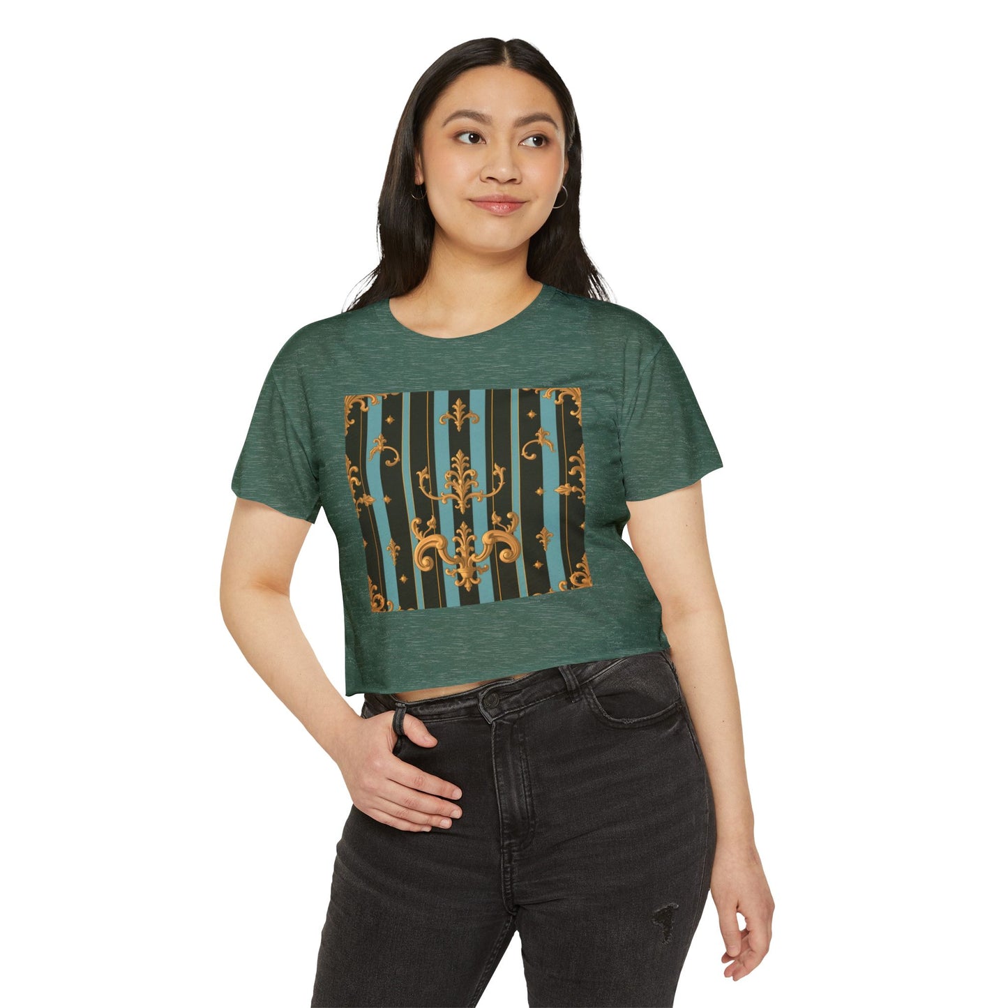 Boho Festival Crop Top, Trendy Summer Top, Stylish Women’s Crop Tee, Perfect for Music Festivals, Casual Wear - Black & Turquoise Striped Baroque