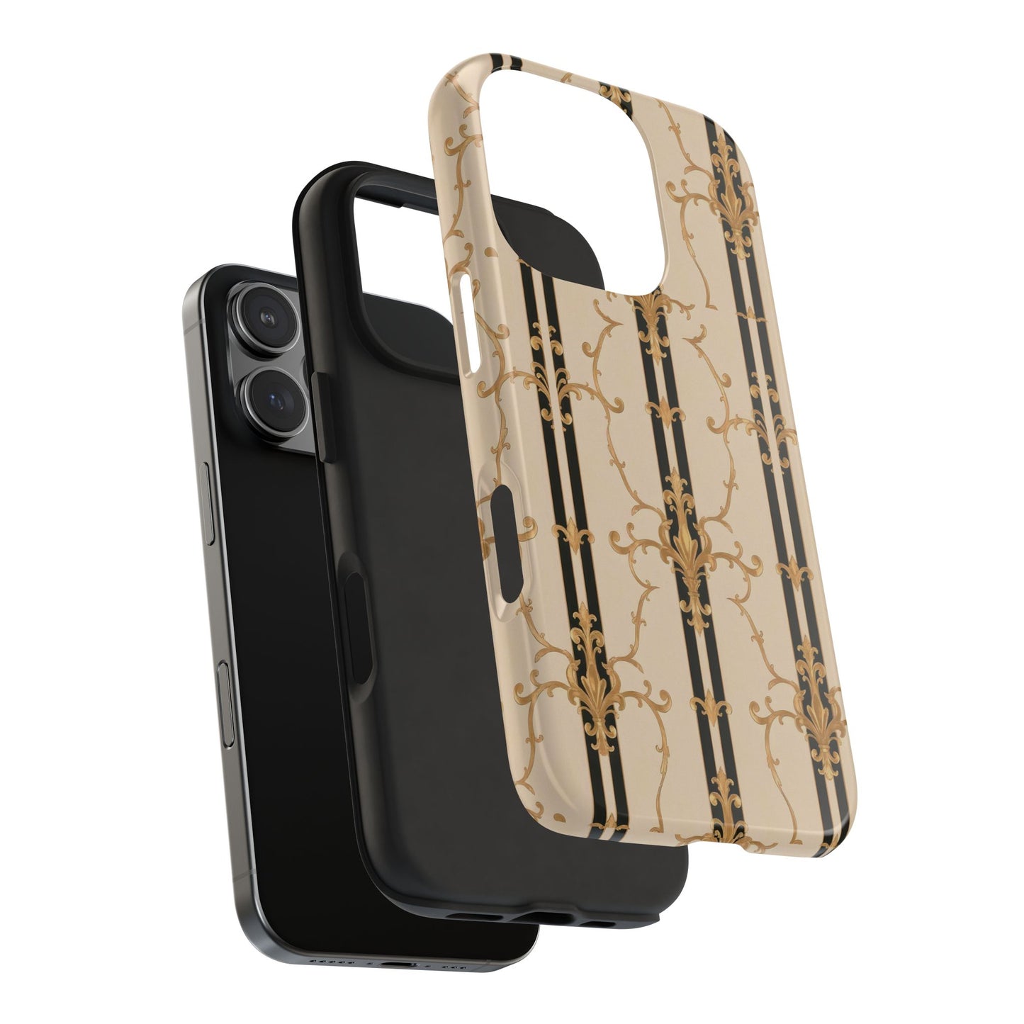 Elegantly Tough Phone Cases | Stylish Phone Covers, Durable Cases, Fashionable Accessories - Black & Beige Striped Damask