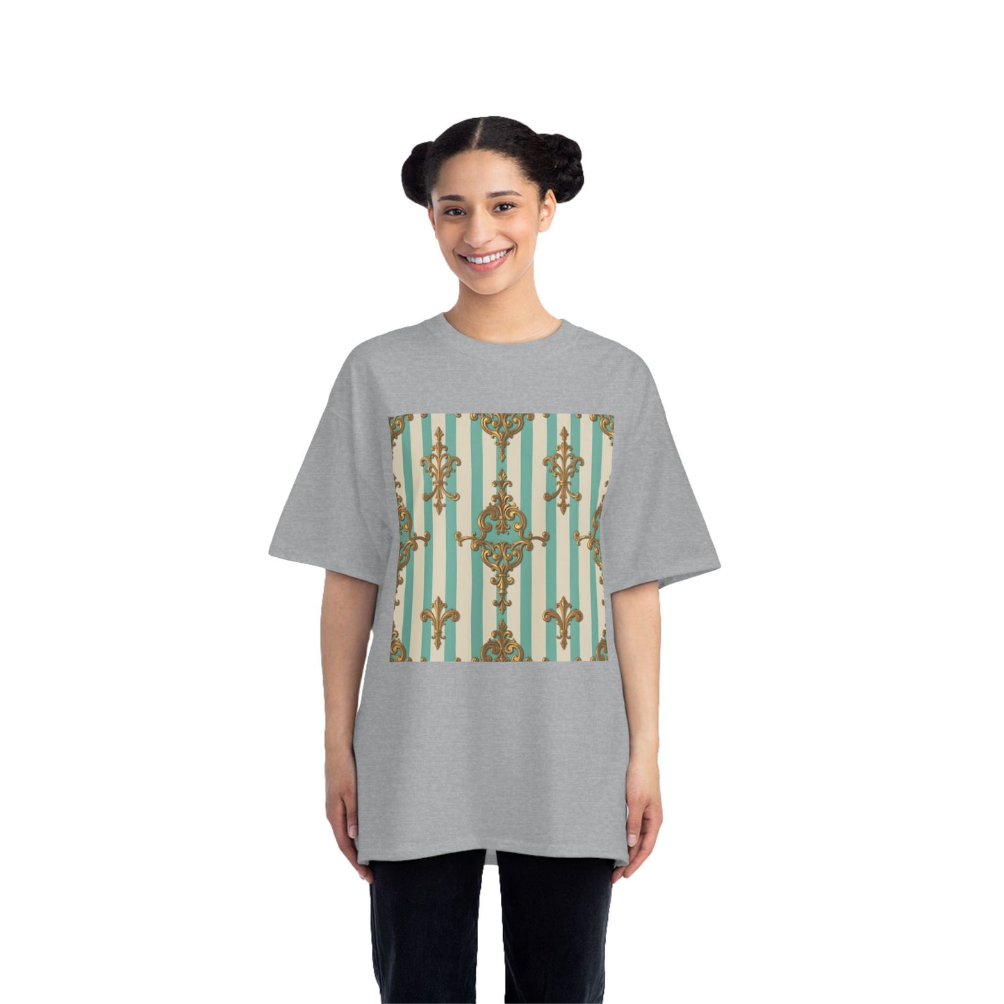 Elegant Patterned Short-Sleeve T-Shirt, Fashion Tee, Casual Wear, Gift for Her, Summer Style, Unique Design - Matte Green Striped Rococo