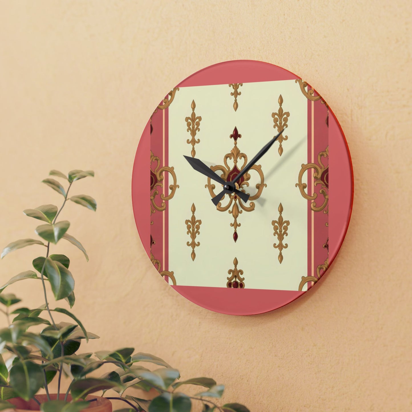 Bohemian Damask-Inspired Acrylic Wall Clock with Floral Design -  Mauve & Gold Design