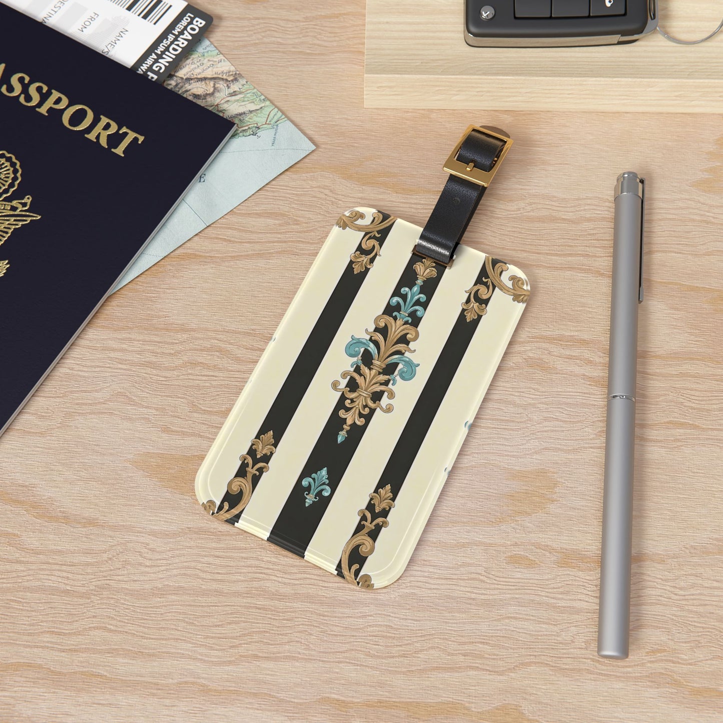 Elegant Vintage Luggage Tag, Travel Accessory, Personalized Baggage Tag, Stylish Suitcase ID - Black Striped Turquoise & Black Rococo