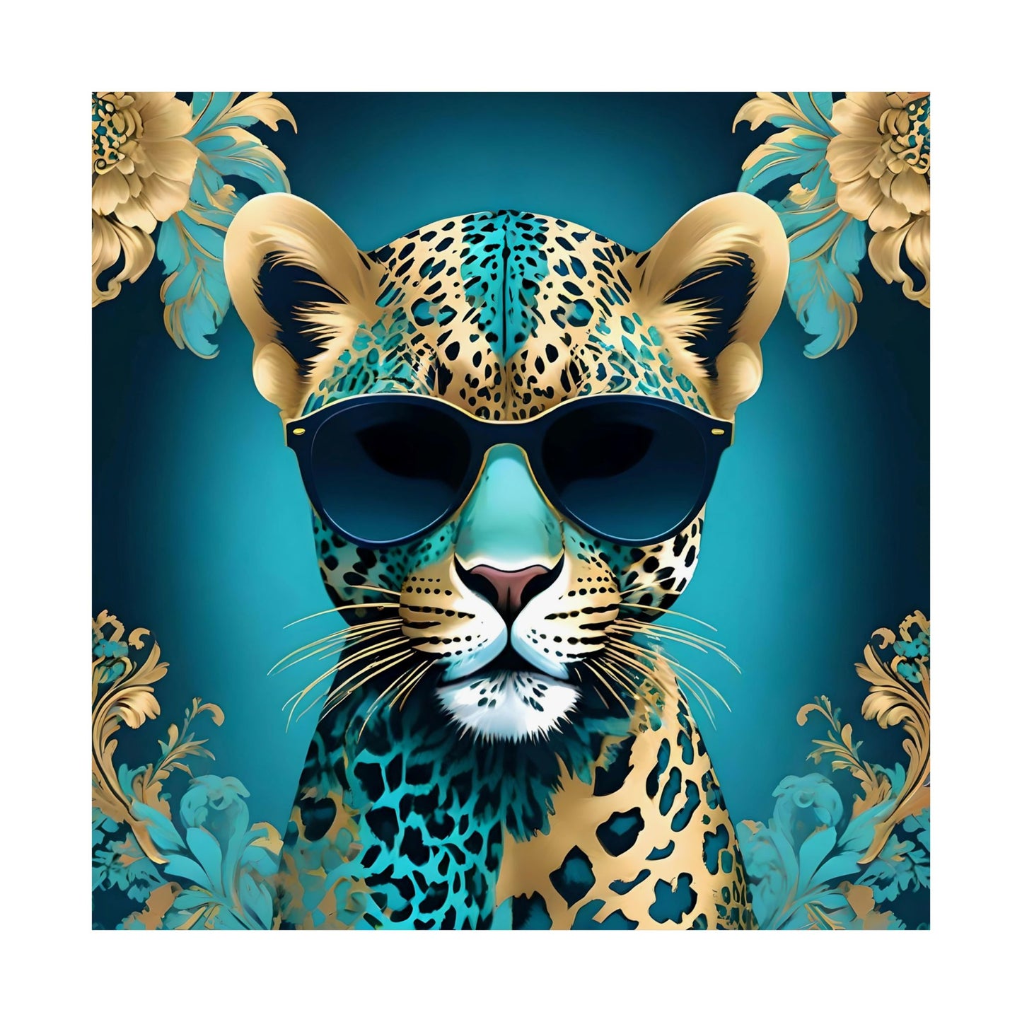 Vertical Wall Poster - Floral Motif Art - Aqua & Gold Leopard in Sunglasses