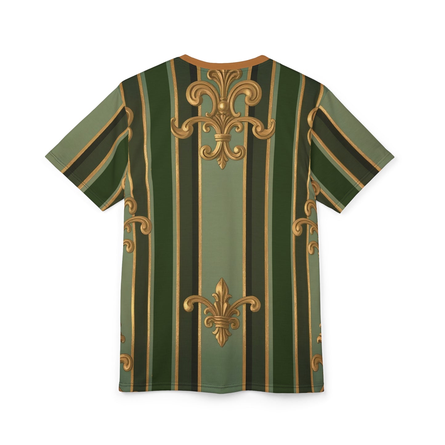 Elegant Striped Unisex Tee, Chic Casual Wear, Stylish Everyday Outfit, Unique Gift for Fashion Lovers - Green Striped Gold Baroque