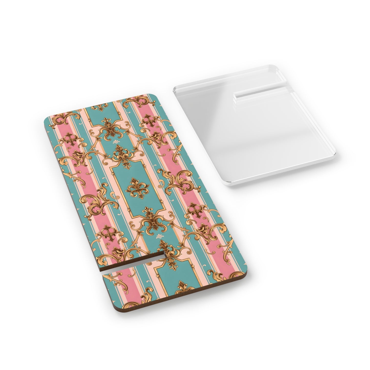 Elegant Smartphone Display Stand, Decorative Phone Holder Stand, Home Office Accessory - Pink & Matte Turquoise Striped Rococo