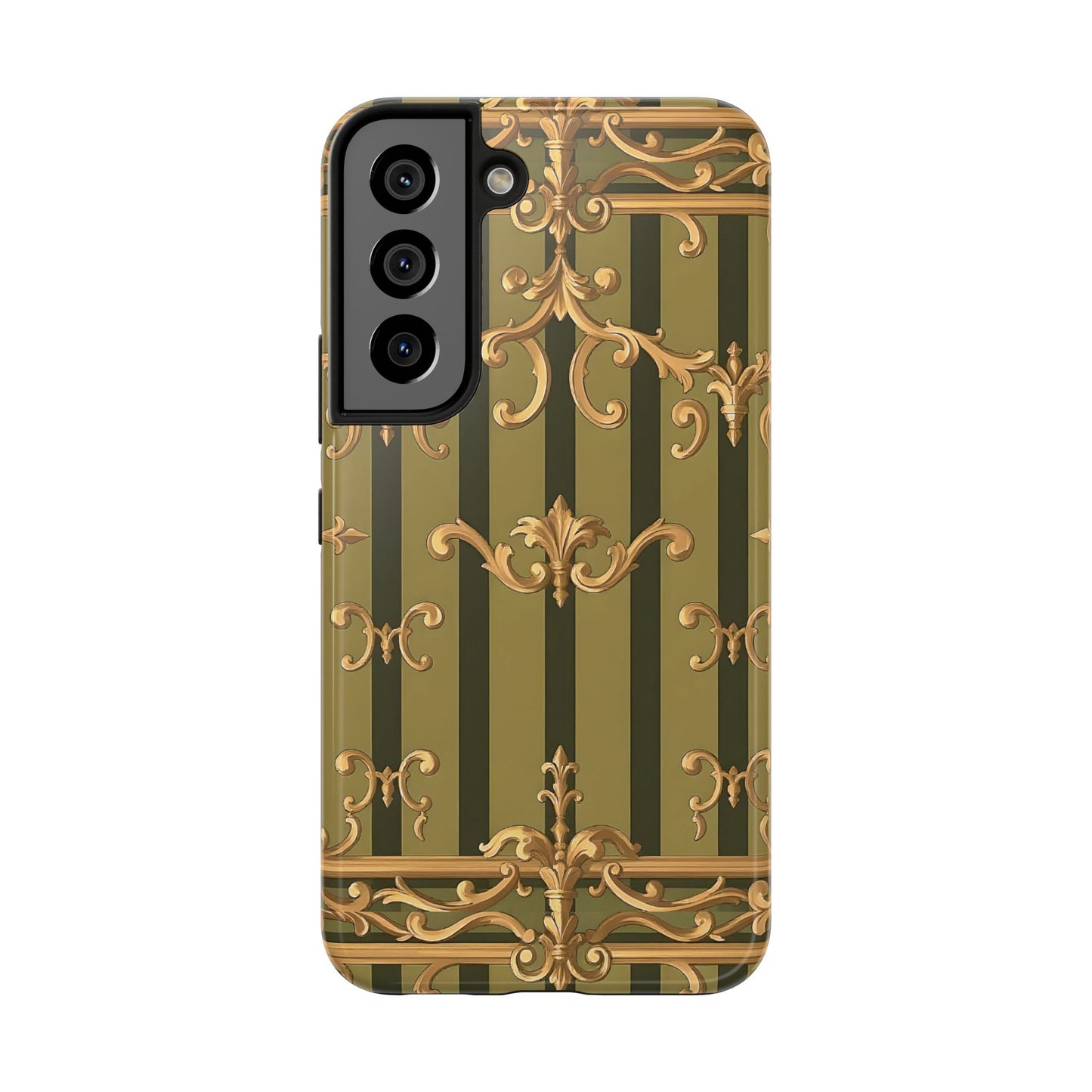 Elegant Vintage Phone Case - Tough Protection with Classy Design, Stylish Phone Cover for Fashion Lovers - Olive Green Striped Rococo