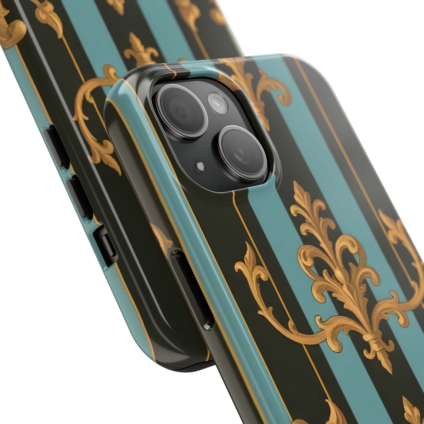 Elegant Baroque Tough Phone Case, Stylish Phone Cover, Durable iPhone Case, Unique Gift - Black & Turquoise Striped Baroque