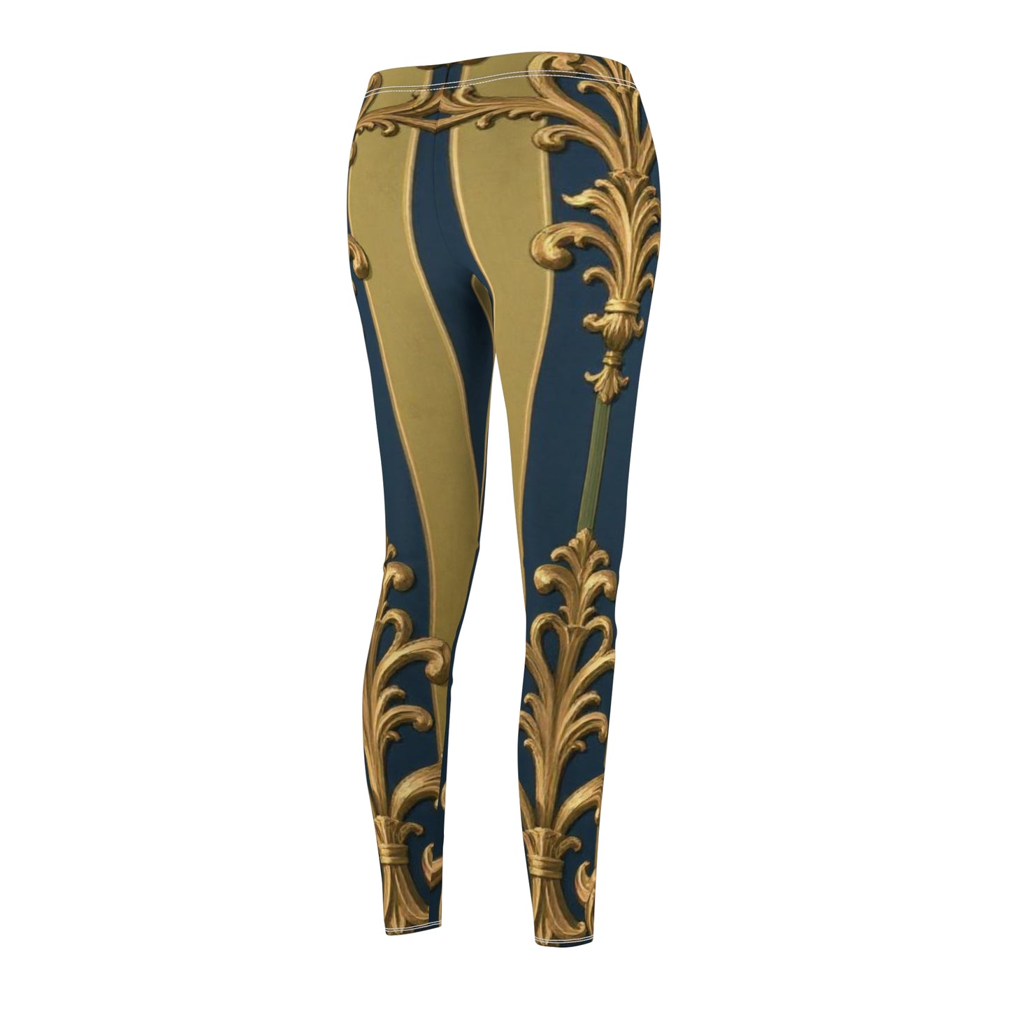 Elegant Midnight Blue & Olive Striped Gold Baroque Vintage Pattern Leggings, Chic Activewear, Stylish Fitness Pants, Art-Inspired Leisurewear