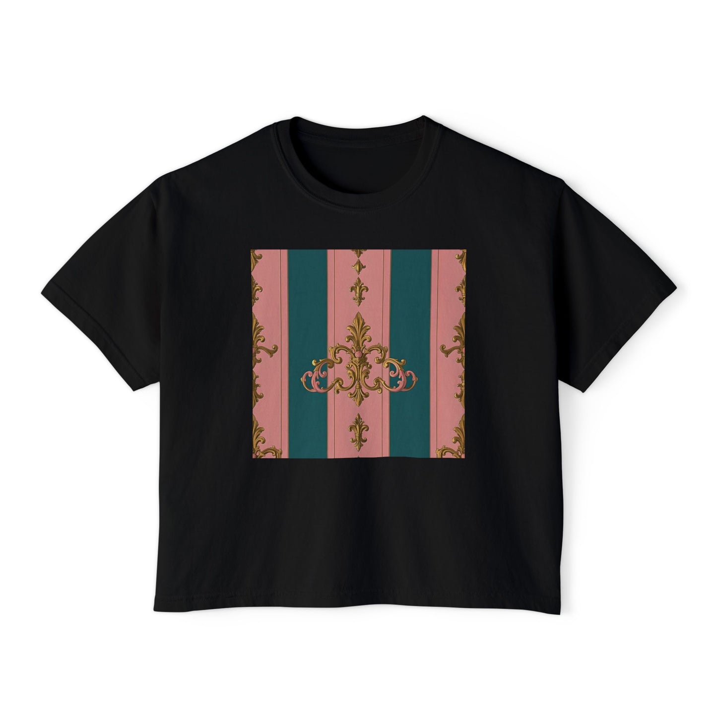 Chic Women's Boxy Tee with Elegant Floral Design, Casual Wear, Summer Fashion, Gifts for Her, Stylish Tee - Pink & Teal Striped Gold Baroque