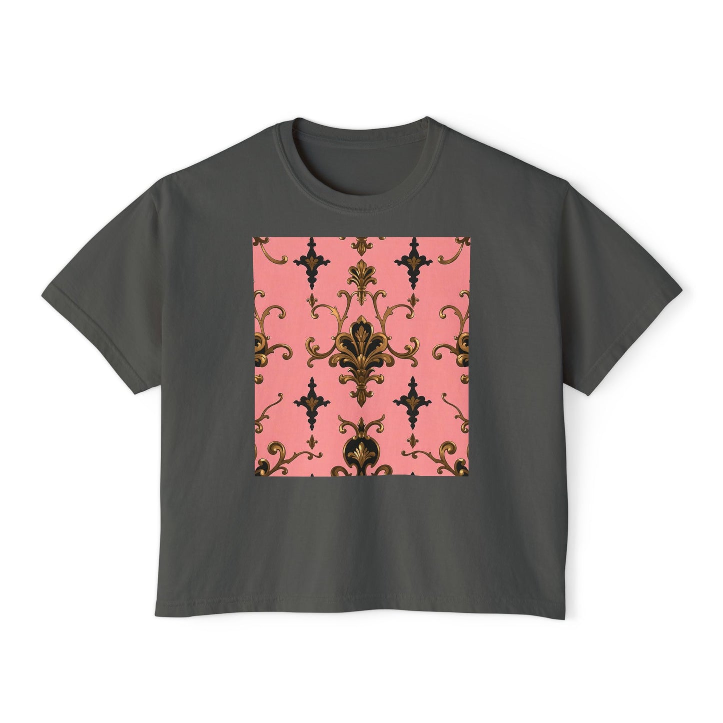 Vintage Floral Women's Boxy Tee, Casual Summer Top, Retro Fashion, Gifts for Her - Pink, Black & Gold Rococo