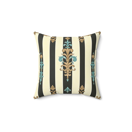Elegant Faux Suede Square Pillow with Vintage Floral Design - Home Decor, Accent Cushion, Throw Pillow - Black Striped Turquoise & Black Rococo