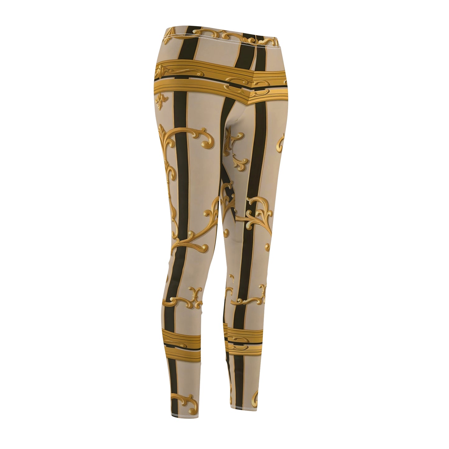Chic Patterned Leggings, Women's Activewear, Fashion Leggings, Casual Leggings for Athleisure - Beige Striped Gold Rococo