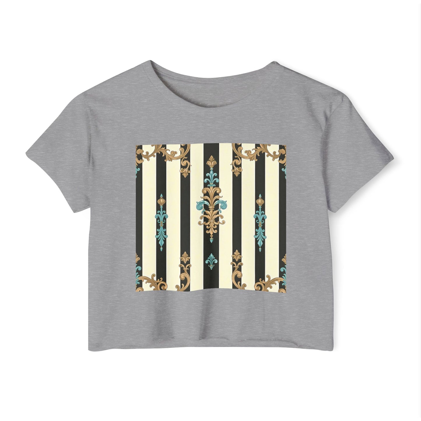 Bohemian Festival Crop Top, Stylish Summer Tee, Casual Day Out Shirt, Trendy Women’s Apparel - Black Striped Turquoise & Black Rococo