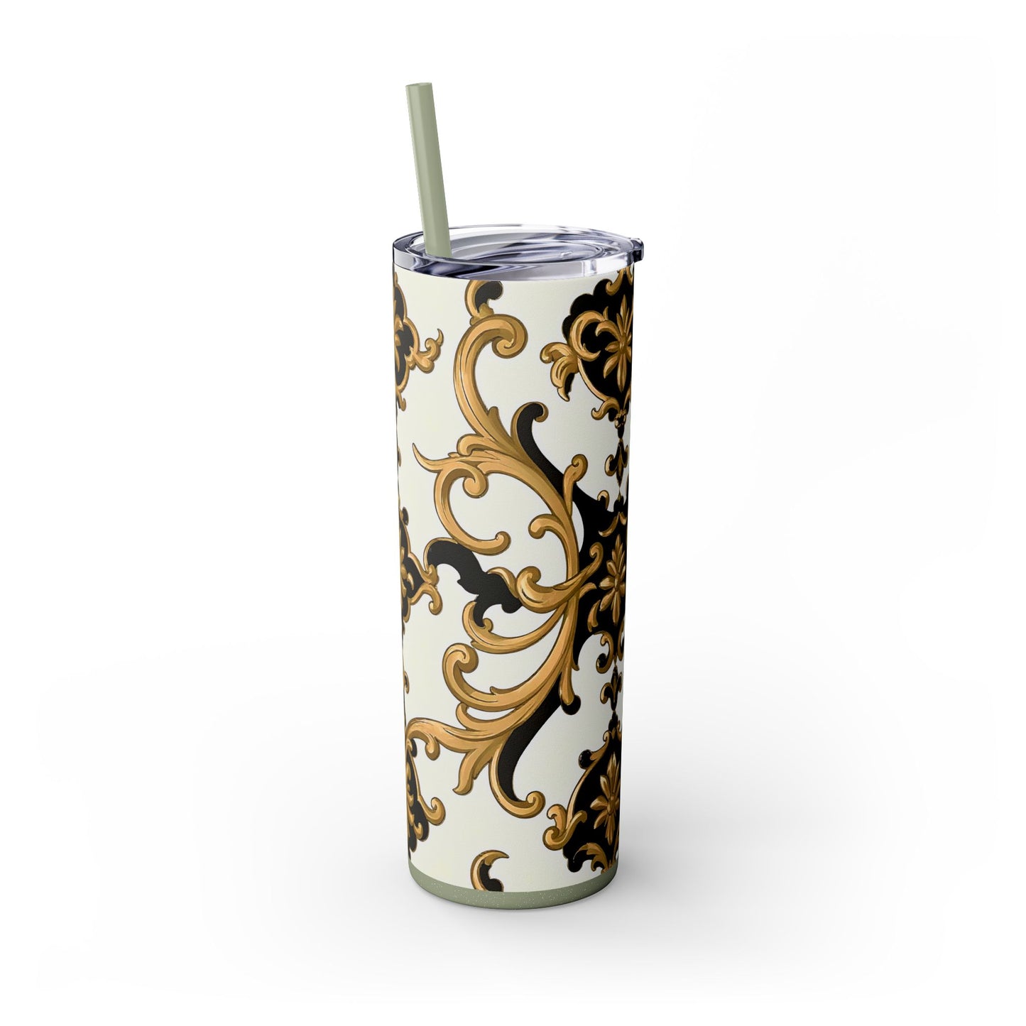 Elegant Gold Floral Skinny Tumbler, 20oz | Insulated Cup for Hot & Cold Drinks, Travel Mug, Gift for Mom, Stylish Drinkware - Black & Gold Rococo