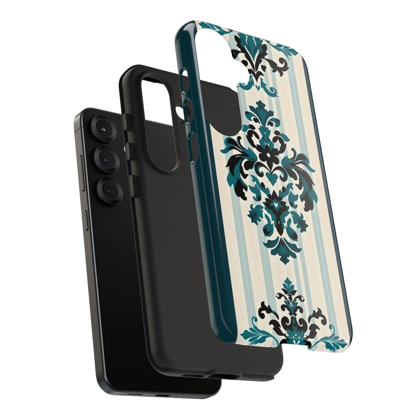 Elegant Floral Phone Case - Tough Cases with Vintage Design - Teal Striped Damask