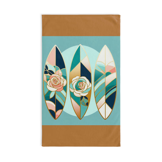 Elegant Floral Hand Towel - Roses & Surfboard Design for Home Decor & Gifts - Blue, Pink & Aqua Surfboard & Roses