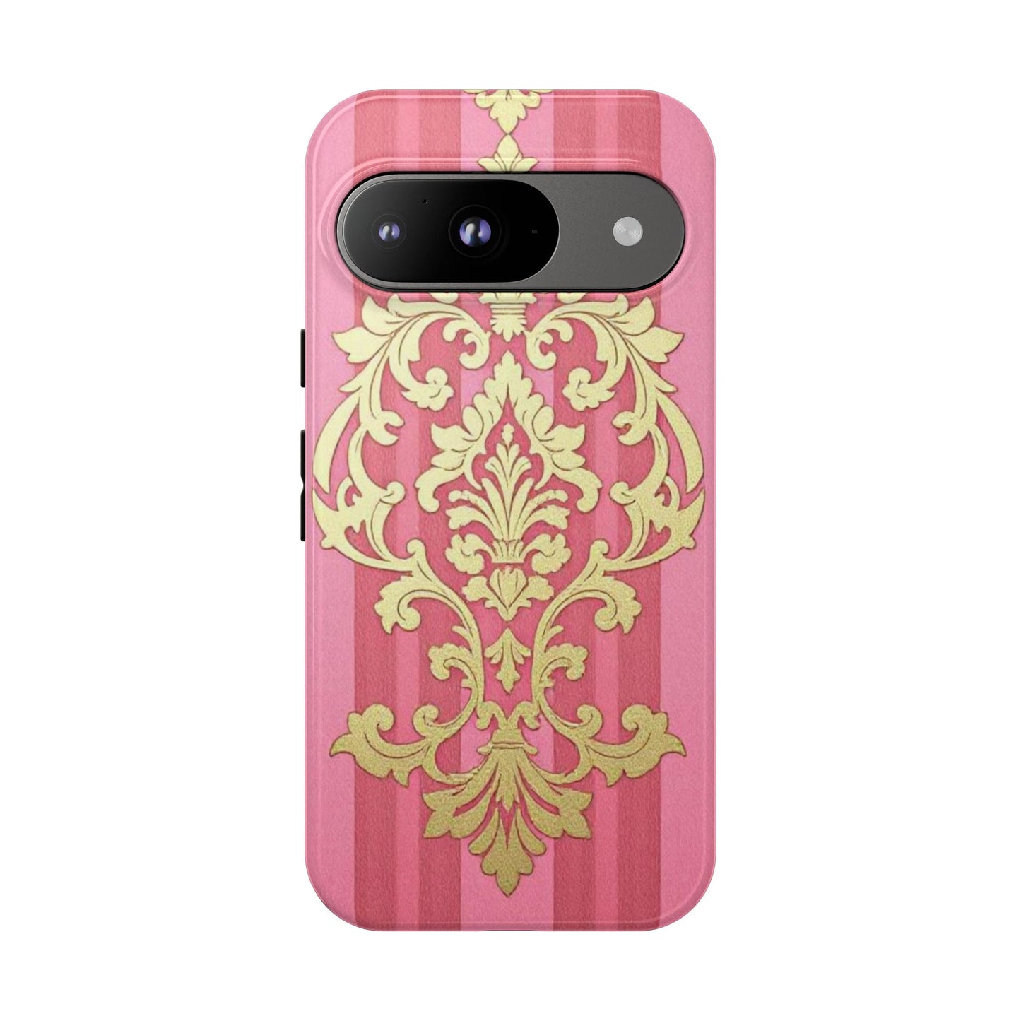 Elegant Floral Motif Phone Case - Tough Cases with Vintage Design - Pink Striped Damask