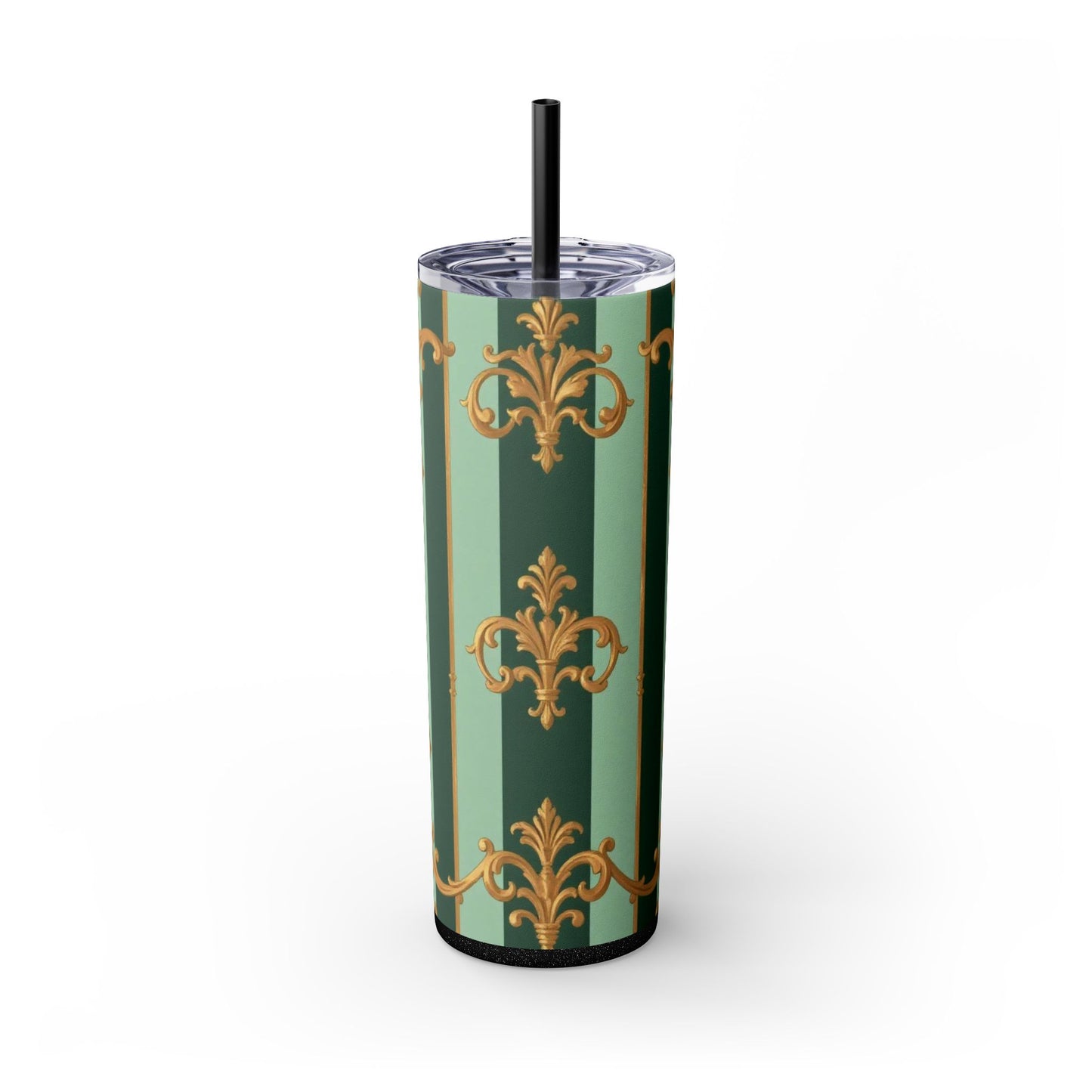 Elegant Floral Skinny Tumbler with Straw, 20oz – Stylish Travel Mug, Eco-Friendly Reusable Cup - Mint Green & Teal Striped Gold Baroque