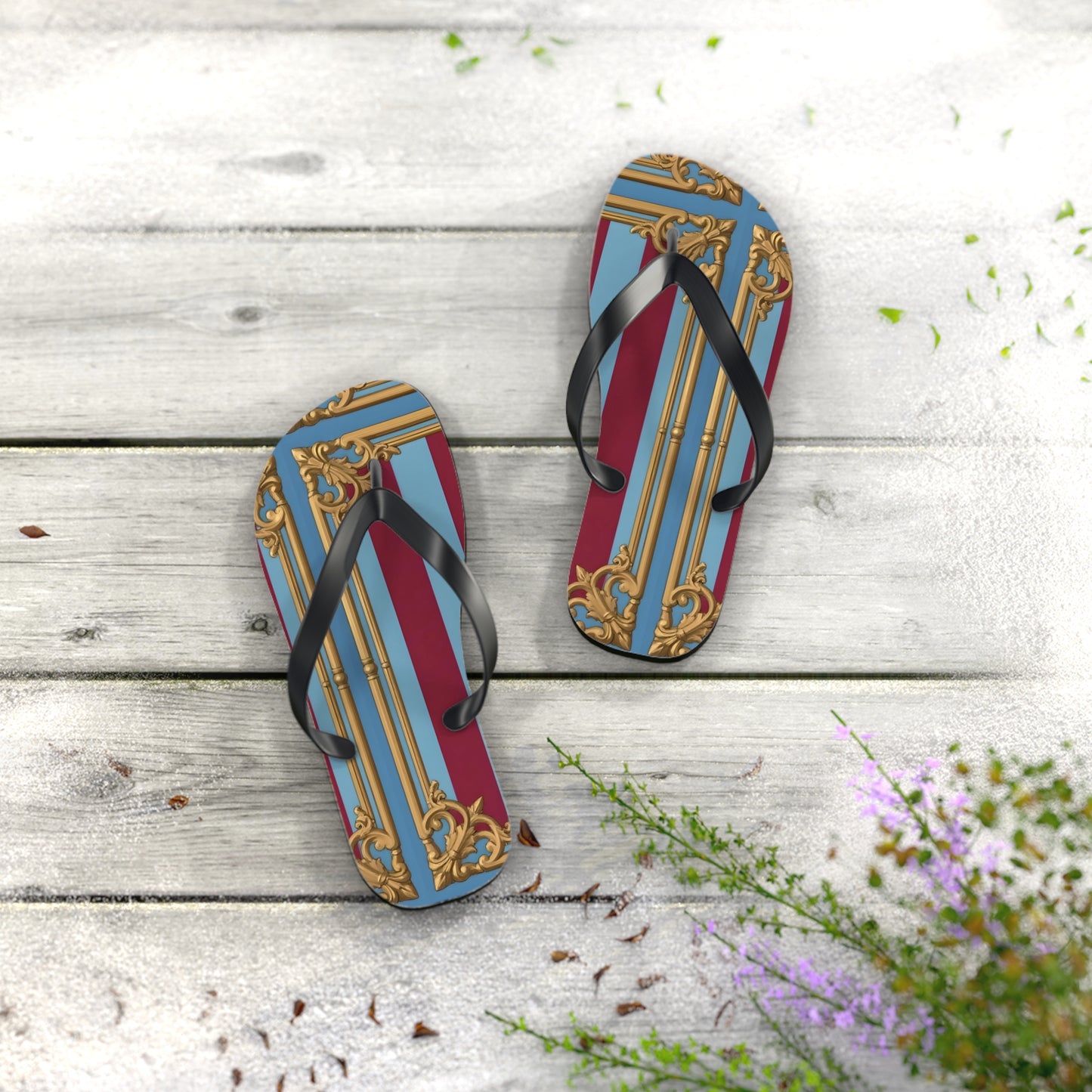 Ornate Design Flip Flops, Elegant Summer Sandals, Beach Vacation Footwear, Perfect for Weddings - Sky Blue & Maroon Striped Baroque