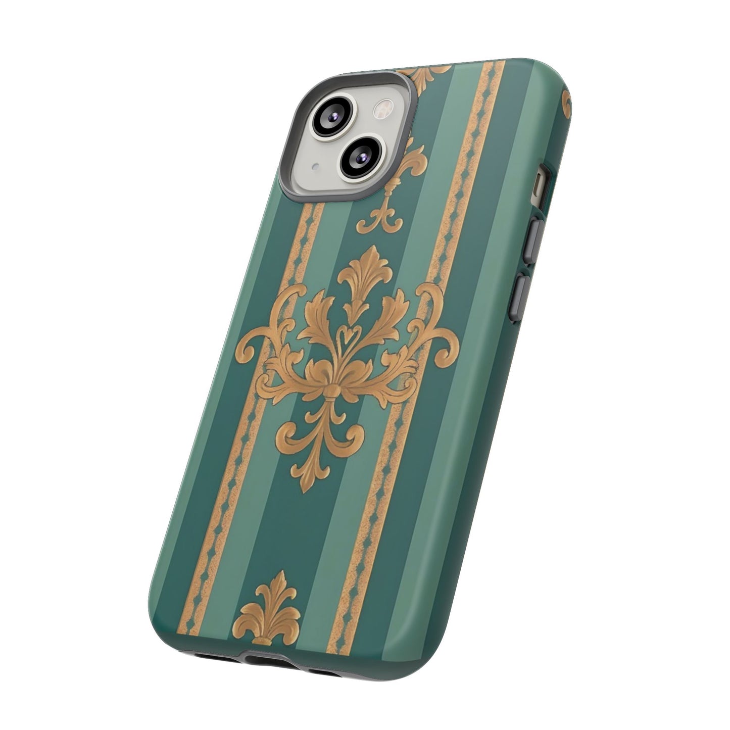 Elegant Floral Motif Phone Case - Tough Cases with Vintage Design - Teal Striped Gold Damask