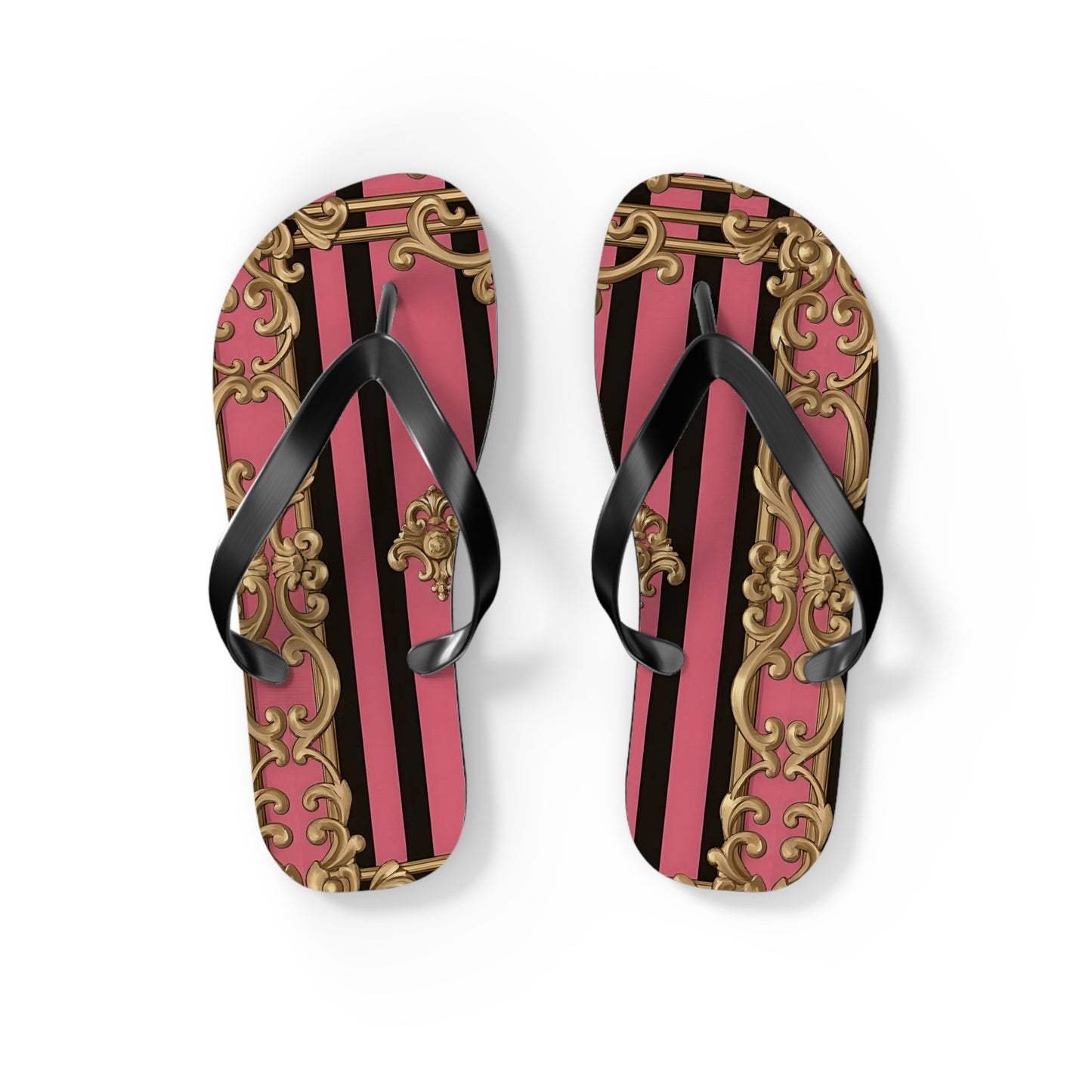 Chic Flip Flops, Stylish Summer Sandals, Beachwear, Poolside Accessories, Vacation Footwear, Trendy Casual Shoes - Pink Striped Gold Rococo