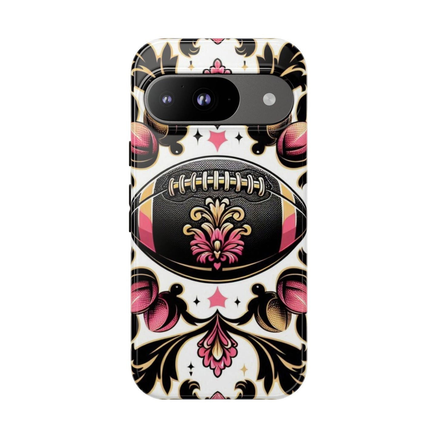 Elegant Floral Motif Phone Case - Tough Cases with Vintage Design - Damask White, Pink Gold & Black Football