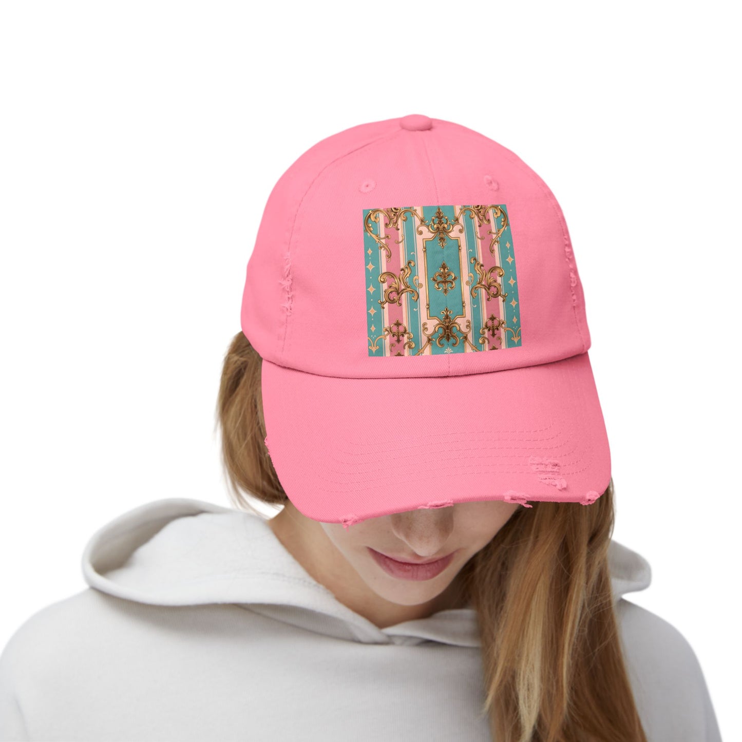 Stylish Unisex Distressed Cap with Floral Pattern, Casual Hat, Trendy Headwear, Summer Accessory - Pink & Matte Turquoise Striped Rococo