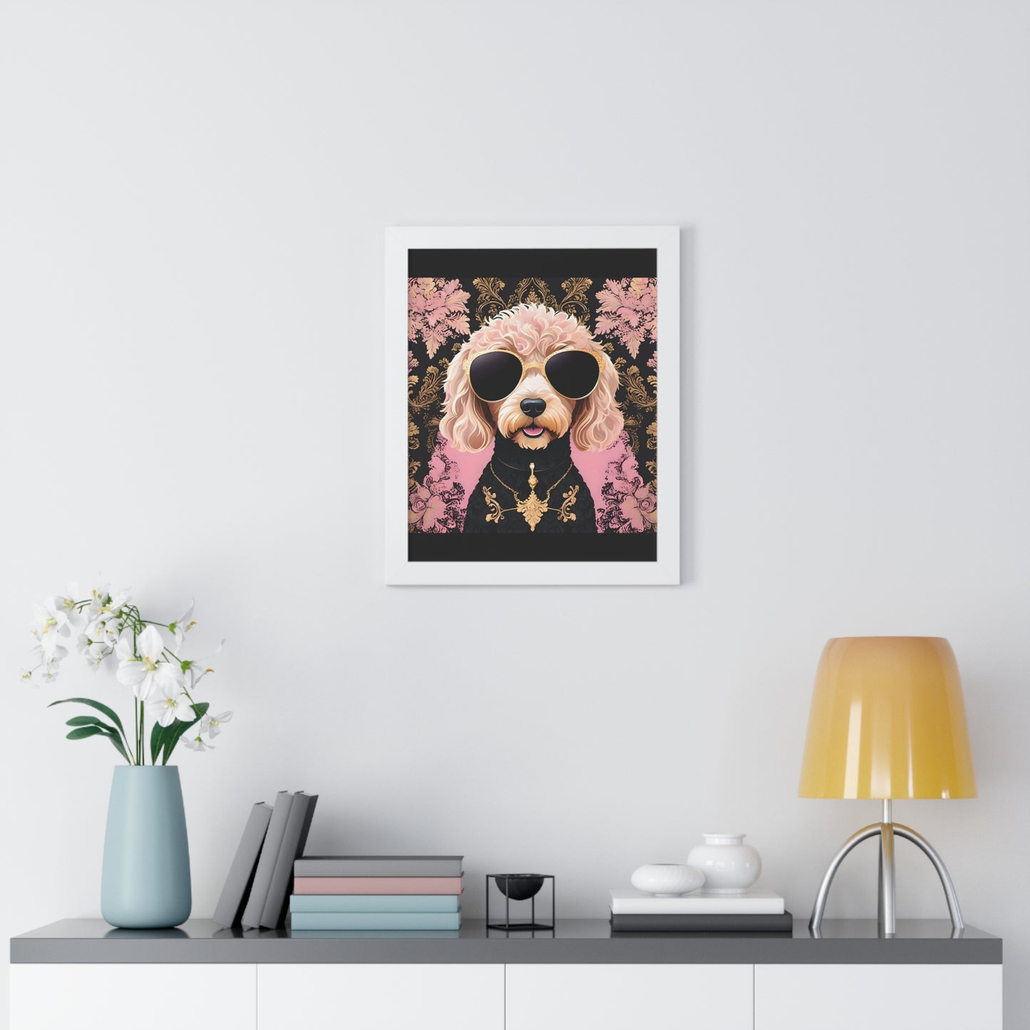Vertical Poster - Golden Doodle in Damask and Shades - Wall Art - Kid Friendly