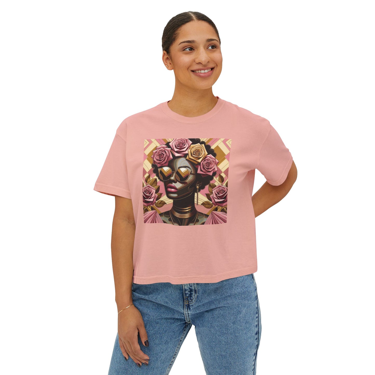Chic Floral Graphic Women's Boxy Tee, Casual T-Shirt, Summer Fashion, Gift for Her, Everyday Wear - Pink Roses Lady