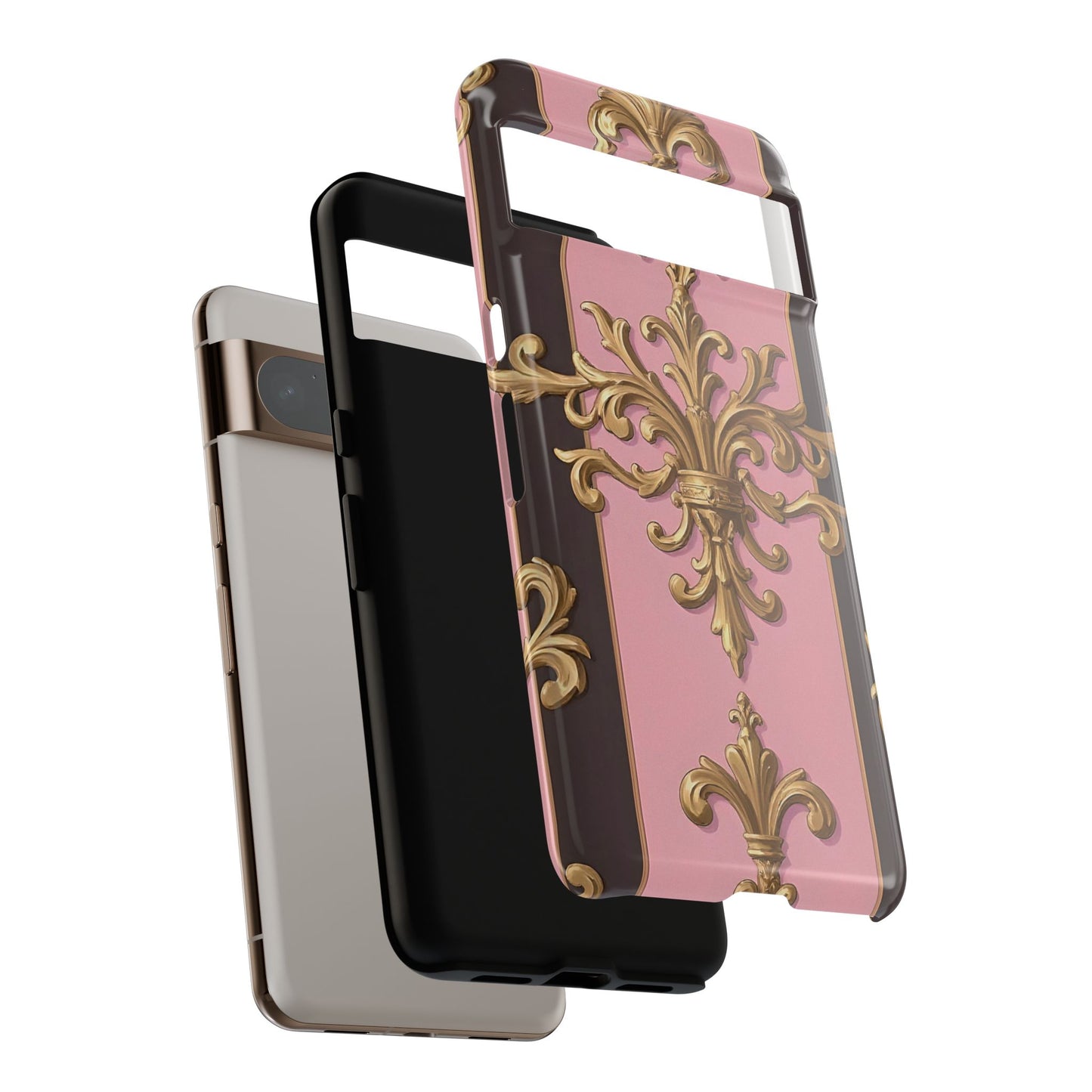 Elegant Floral Motif Phone Case - Tough Cases with Vintage Design - Pink & Brown Striped Gold Damask