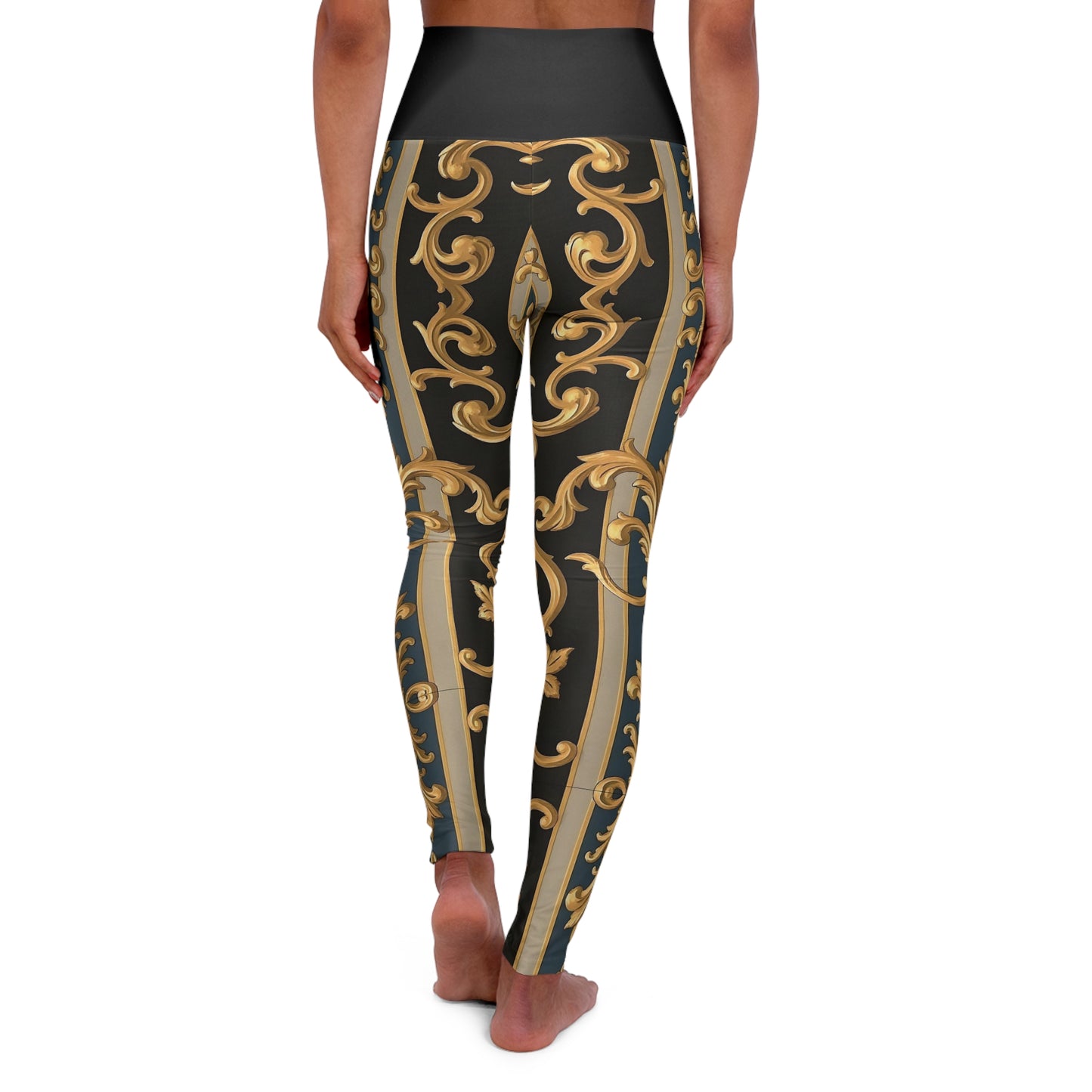 Elegant Floral High Waisted Yoga Leggings, Workout Leggings, Athleisure Pants, Fitness Fashion, Daily Wear - Blue & Black Striped Rococo