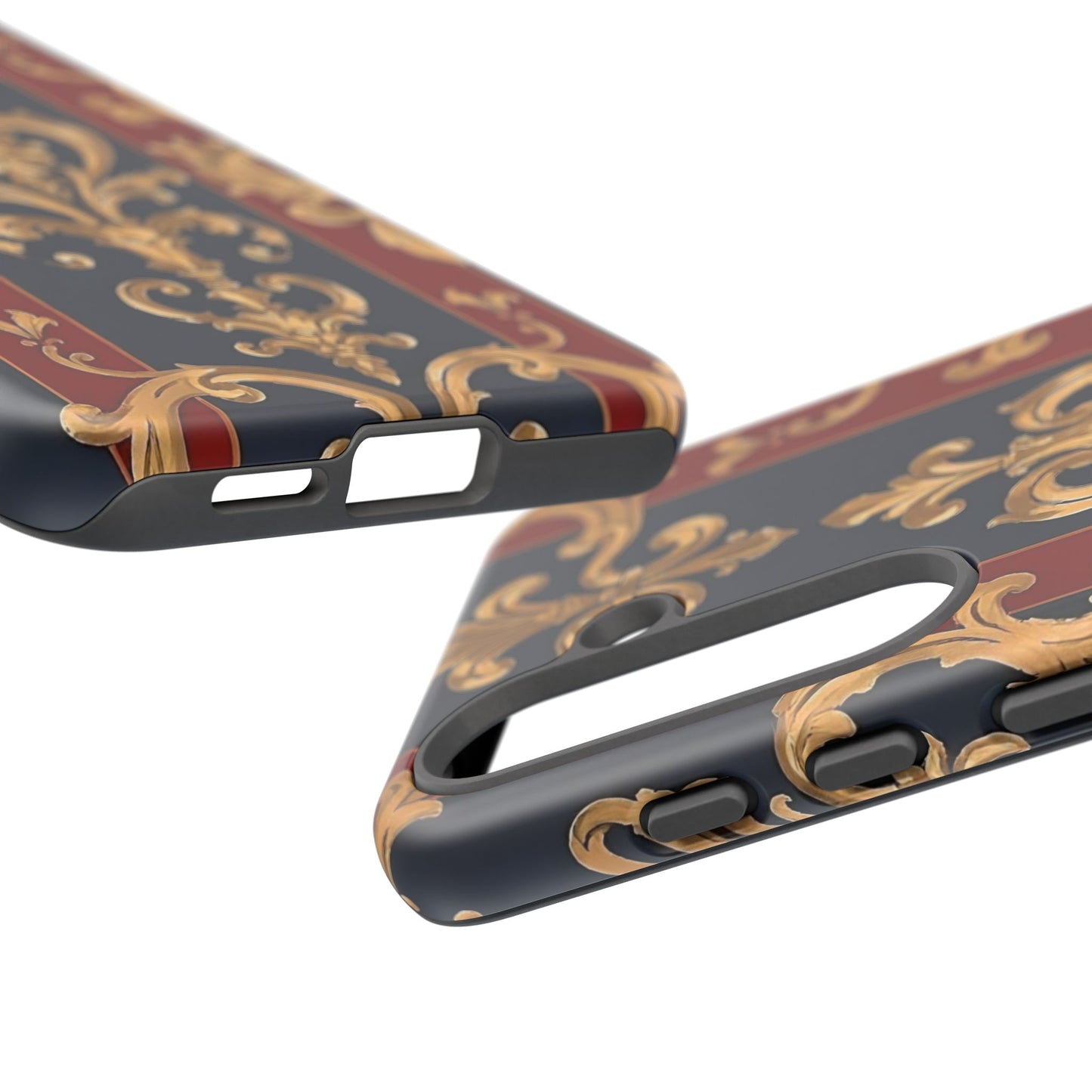Elegant Floral Motif Phone Case - Tough Cases with Vintage Design - Midnight Blue & Dusk Red Striped Gold Damask