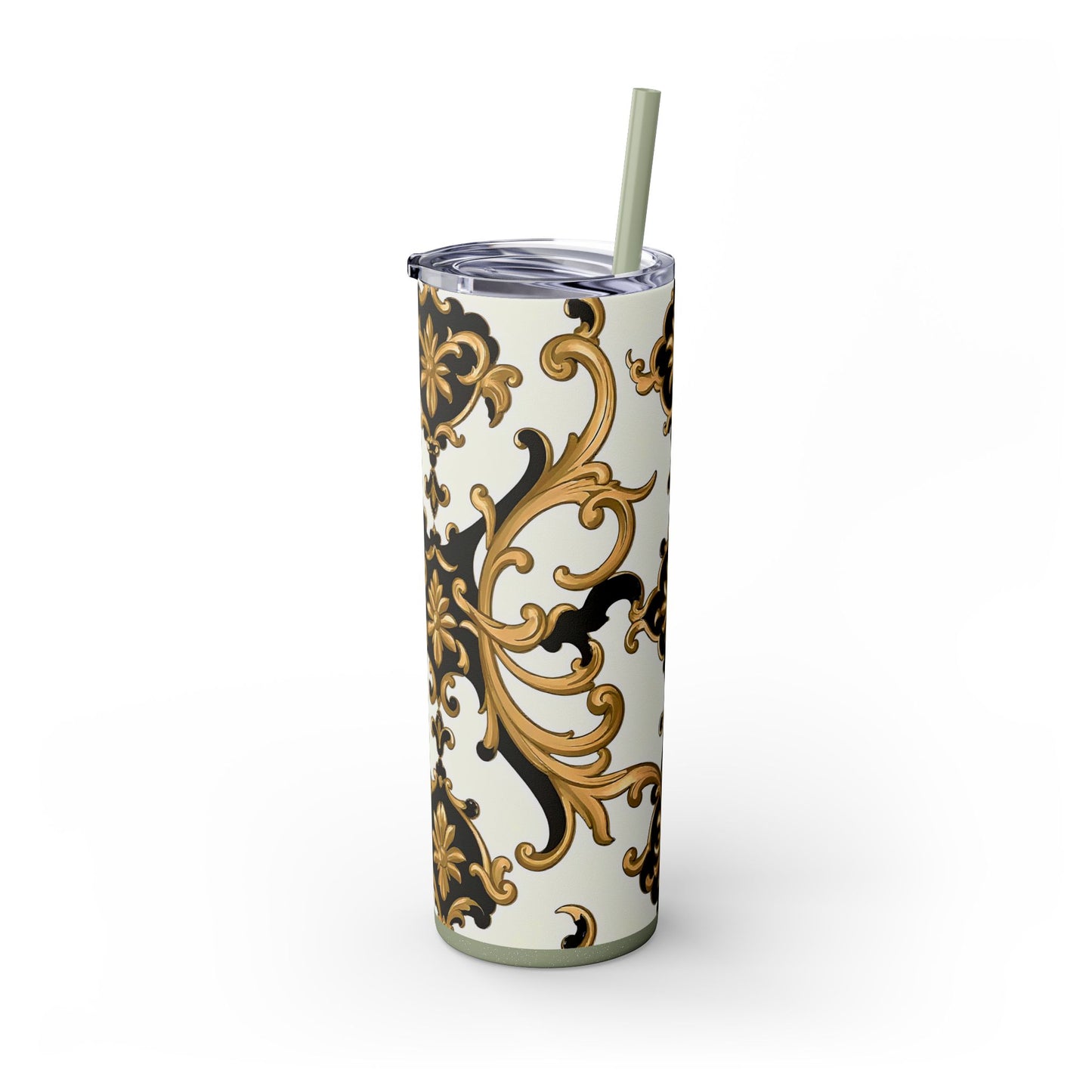 Elegant Gold Floral Skinny Tumbler, 20oz | Insulated Cup for Hot & Cold Drinks, Travel Mug, Gift for Mom, Stylish Drinkware - Black & Gold Rococo