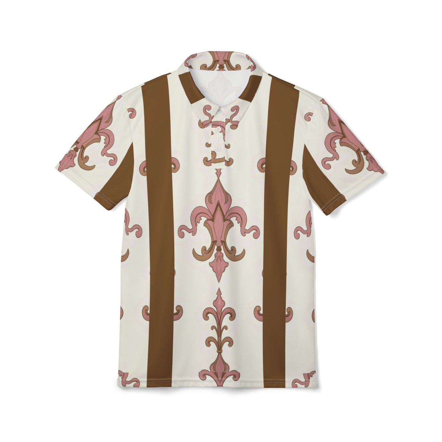 Vintage-Inspired Unisex Polo Shirt, Casual Style, Perfect for Spring/Summer, Everyday Wear, Gift for Him/Her - Brown Striped Pink Arabesque