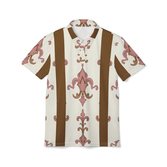 Vintage-Inspired Unisex Polo Shirt, Casual Style, Perfect for Spring/Summer, Everyday Wear, Gift for Him/Her - Brown Striped Pink Arabesque