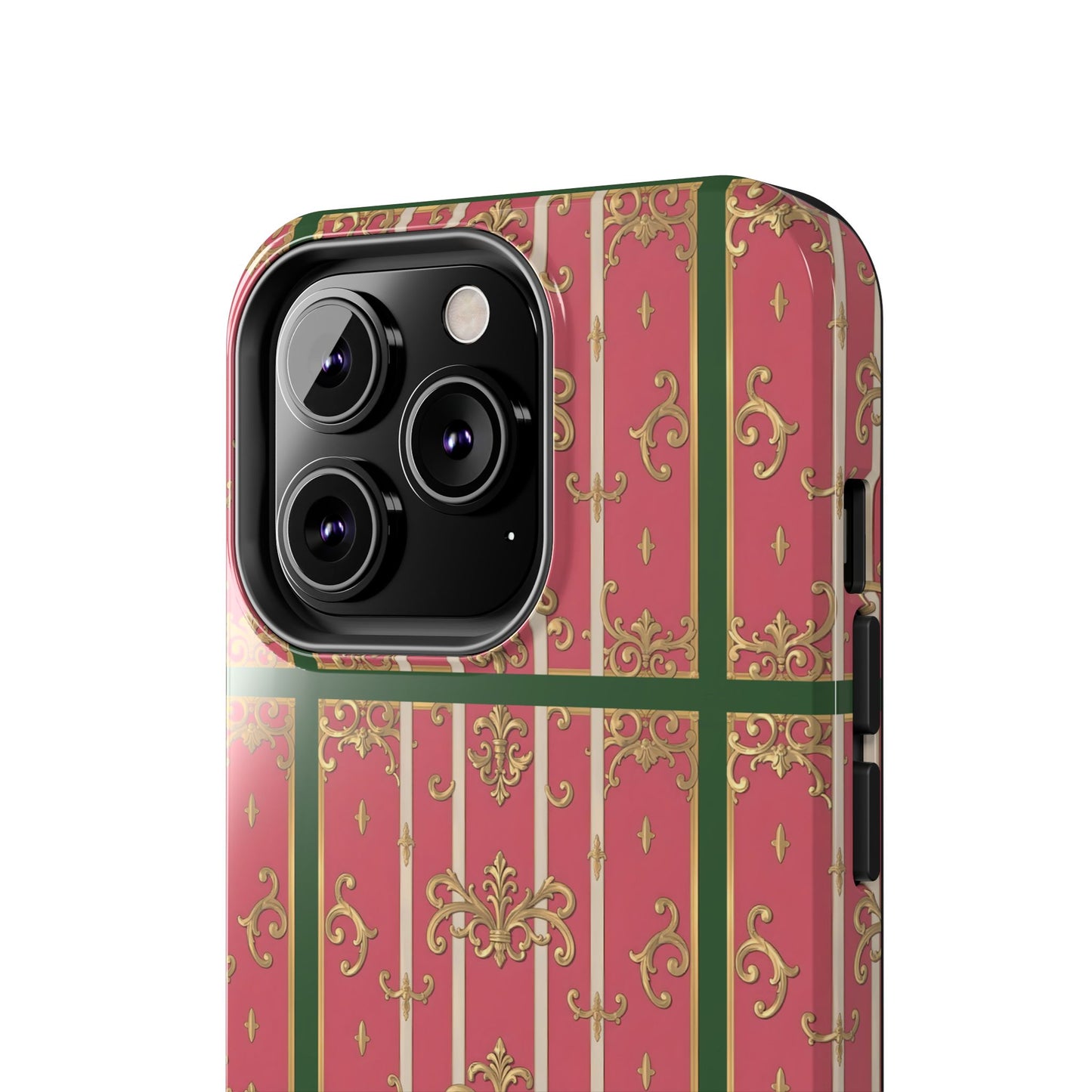 Elegant Green Border Pink Striped Baroque Phone Cases, Tough Phone Cases for Protection, Stylish Mobile Accessories, Gift for Her, Holiday Tech Gifts