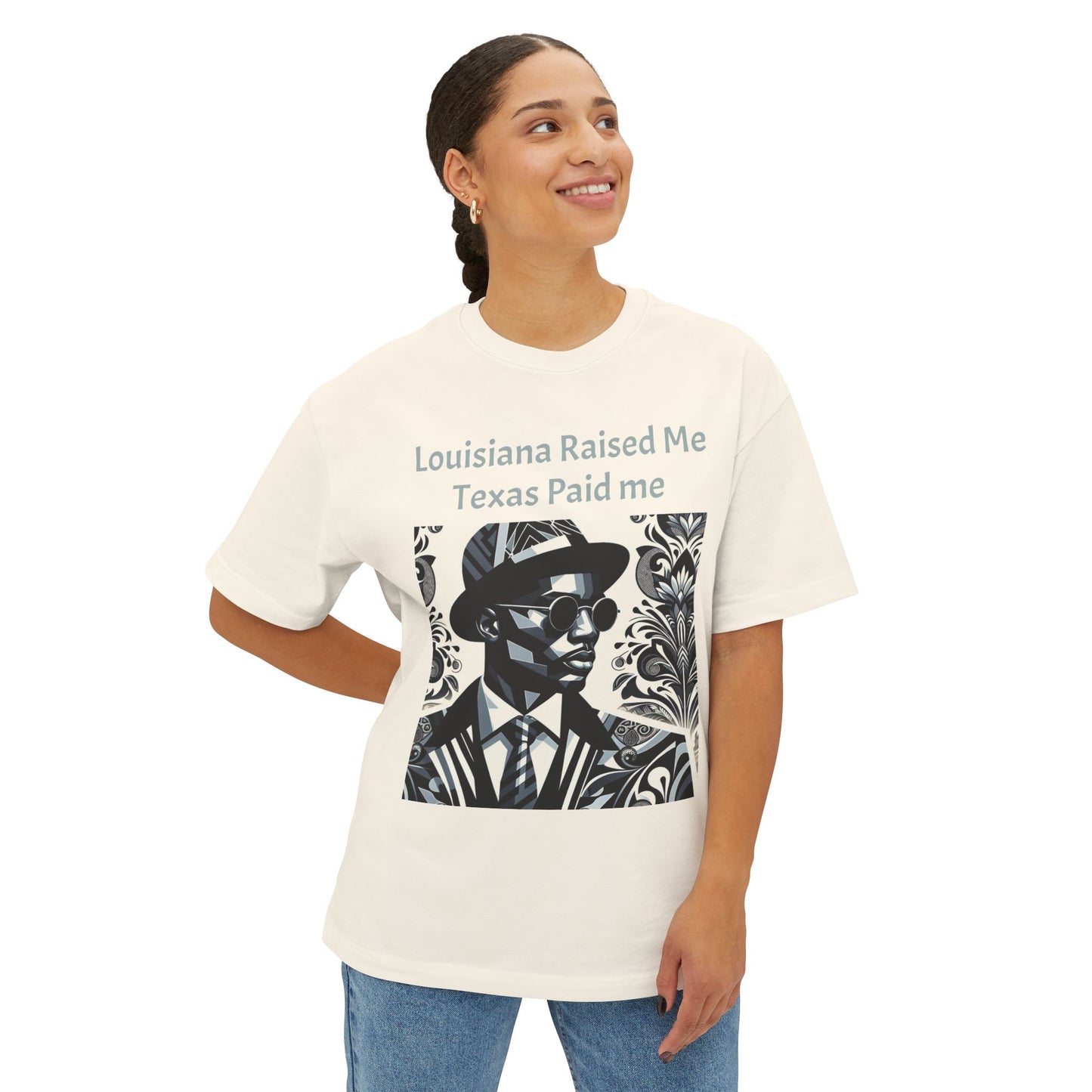 Louisiana Raised Me Texas Paid Me Oversized Tee, Unisex Boxy T-Shirt, Graphic Tee, Black Culture Shirt, Statement Shirt - Mint Gray Letters