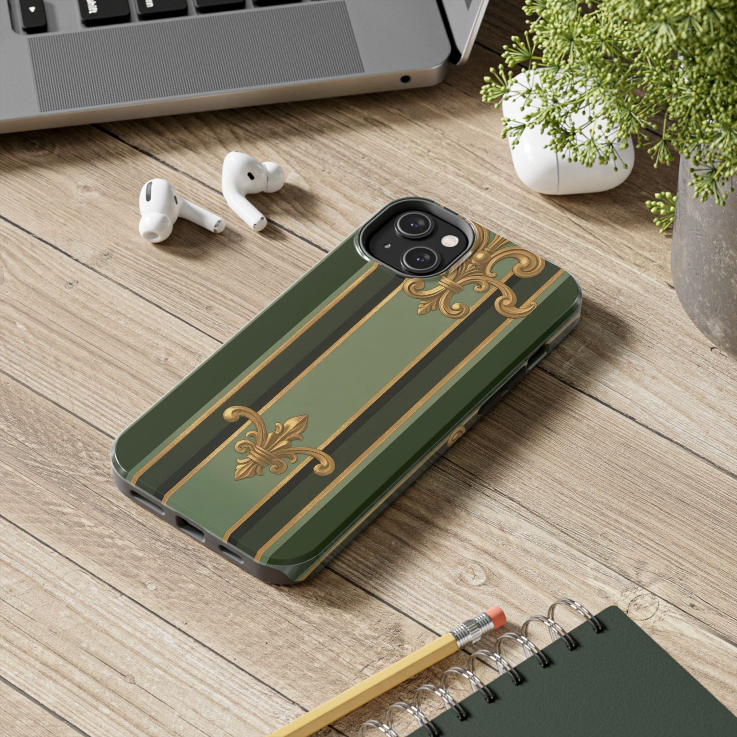 Elegant Tough Phone Cases - Baroque Design, Durable Cell Phone Covers, Unique Gifts for Her, Holiday Gifts - Green Striped Gold Baroque