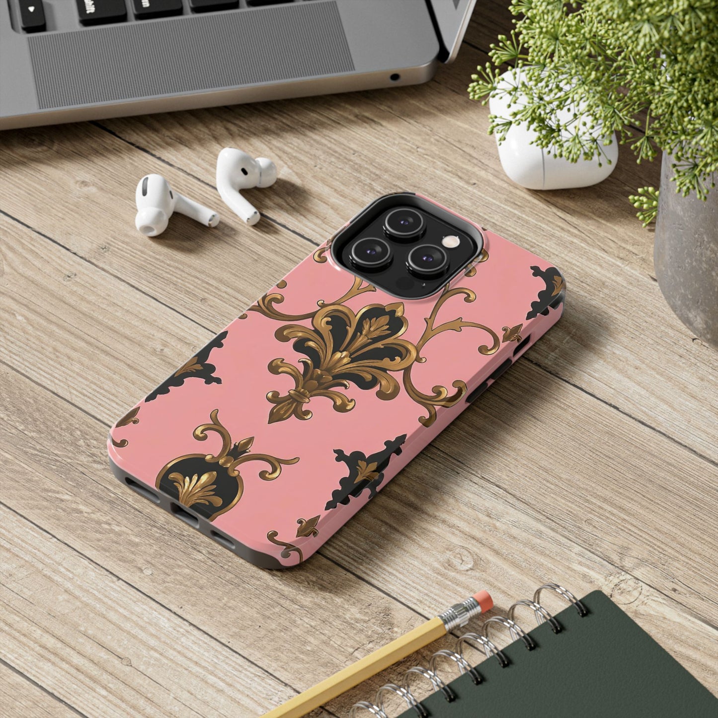 Chic Tough Phone Cases with Floral Design, Elegant Phone Cover, Durable Smartphone Case, Stylish Tech Accessory - Pink, Black & Gold Rococo