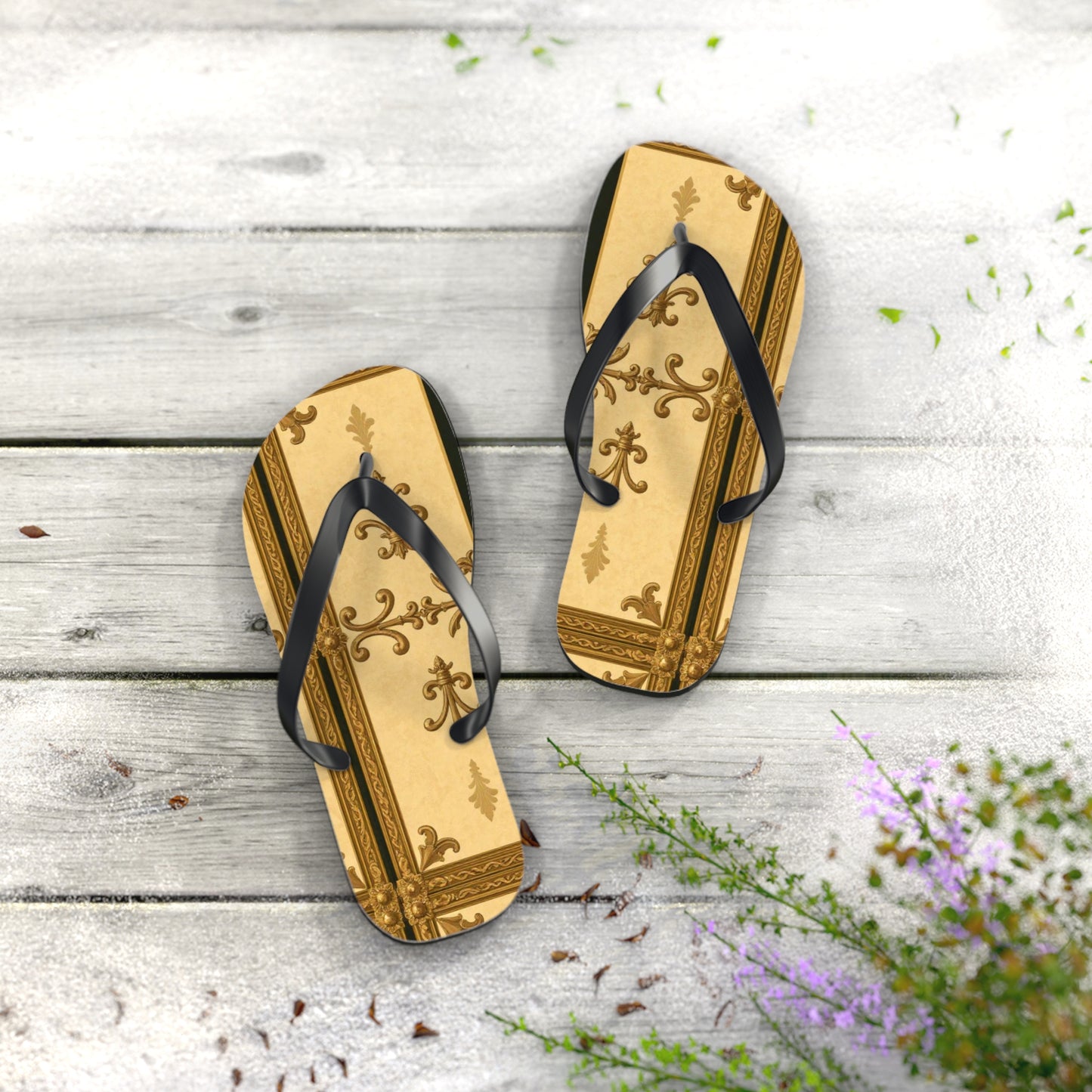 Elegant Vintage Flip Flops, Summer Footwear, Beach Sandals, Vacation Essentials, Relaxation, Unique Gifts - Matte Yellow Striped Antique Rococo