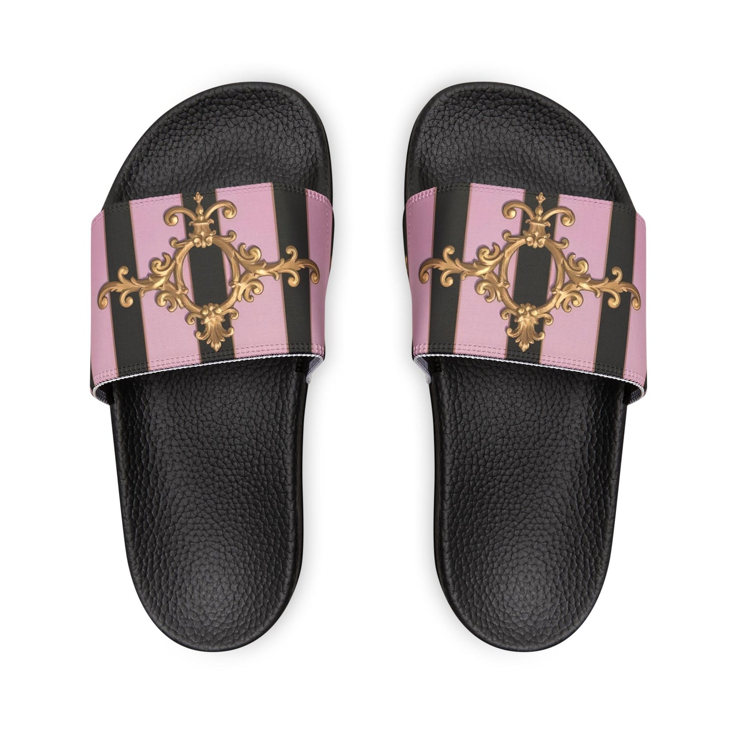 Chic Women's Slide Sandals, Stylish Summer Footwear, Beachwear, Poolside Chic, Vacation Essentials - Matte Lavender & Black Striped Gold Baroque