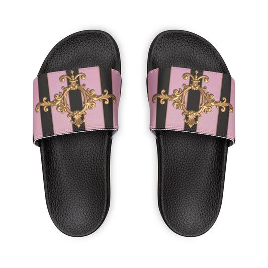 Chic Women's Slide Sandals, Stylish Summer Footwear, Beachwear, Poolside Chic, Vacation Essentials - Matte Lavender & Black Striped Gold Baroque