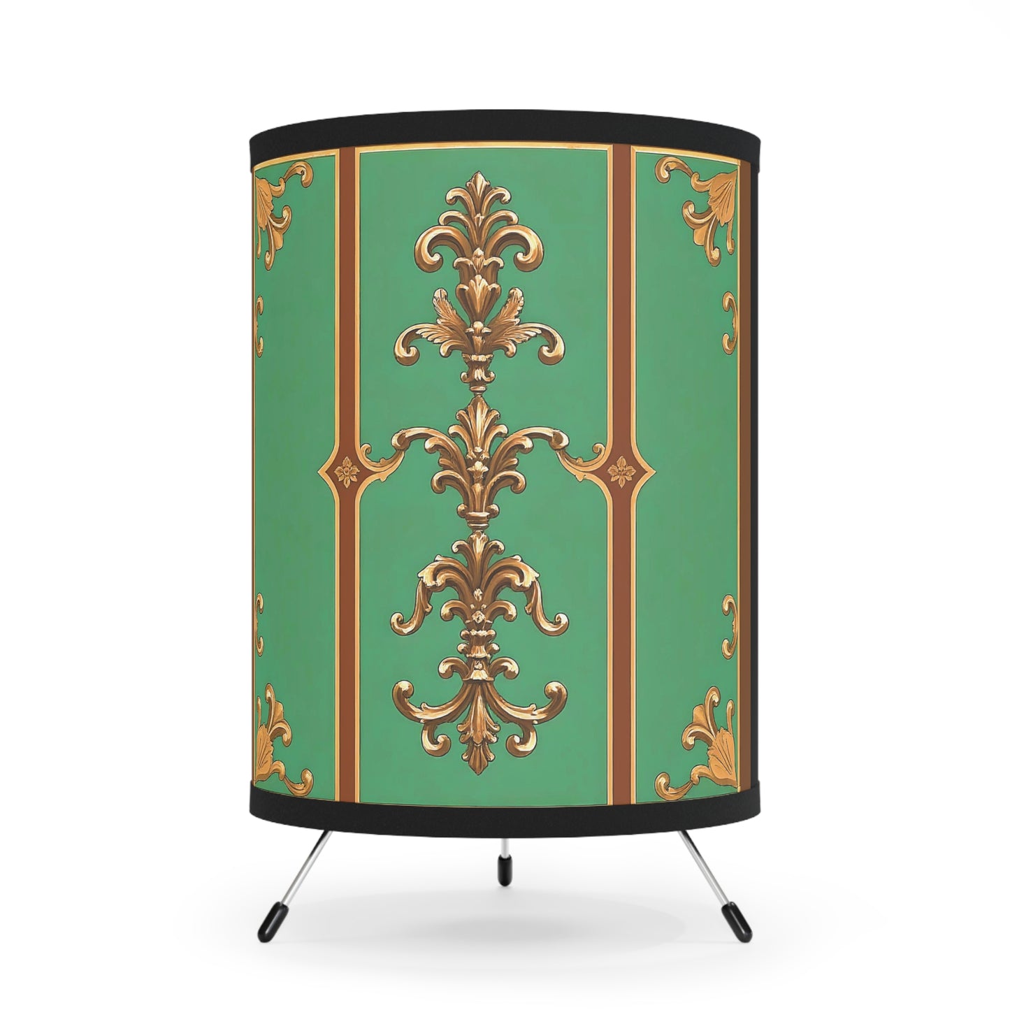 Elegant Tripod Lamp with Vintage Florals - High-Res Printed Shade - Rust & Green Striped Baroque