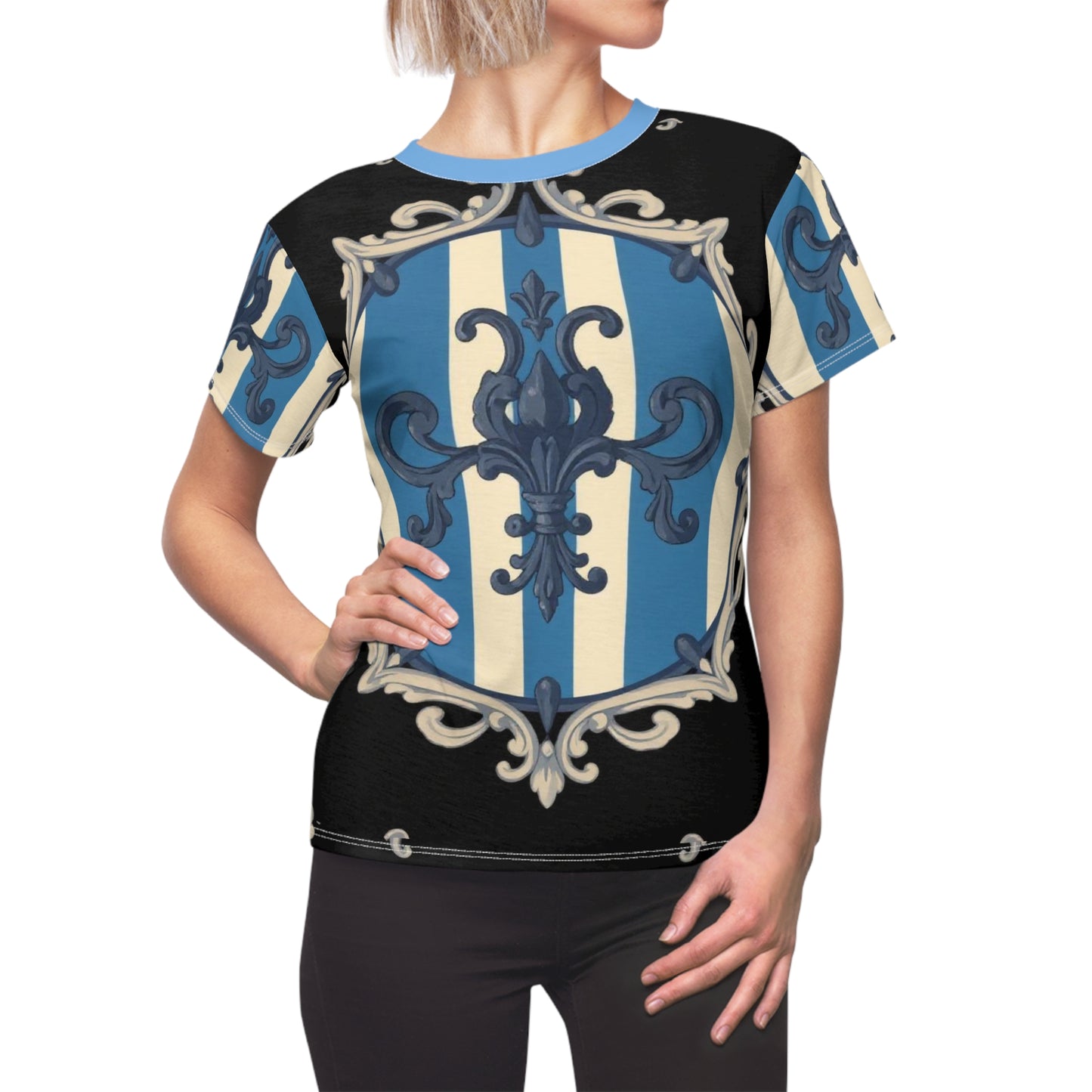 Chic Blue & Alabaster Striped Baroque Women's Cut & Sew T-Shirt, Unique Graphic Tee, Elegant Casual Top, Stylish Everyday Wear